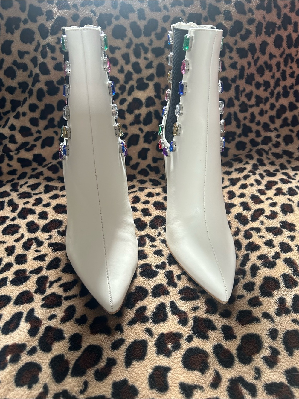 Cape Robbin White Pointed Toe Ankle Boots with Multicolor Jewel Trim